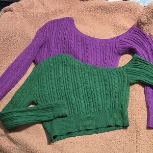 SHEIN Off-the-Shoulder Green and Purple Sweater Set